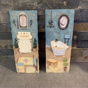 Wall Art 3D Plaque BUSH Bathroom Decor Hand Painted Bathroom Vanity Set Of 2